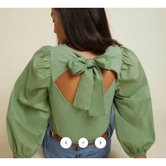 Nation LTD Shalom Tie Back Puff Sleeve Top Blouse Combo Tee XS Clover Green - Picture 2 of 12